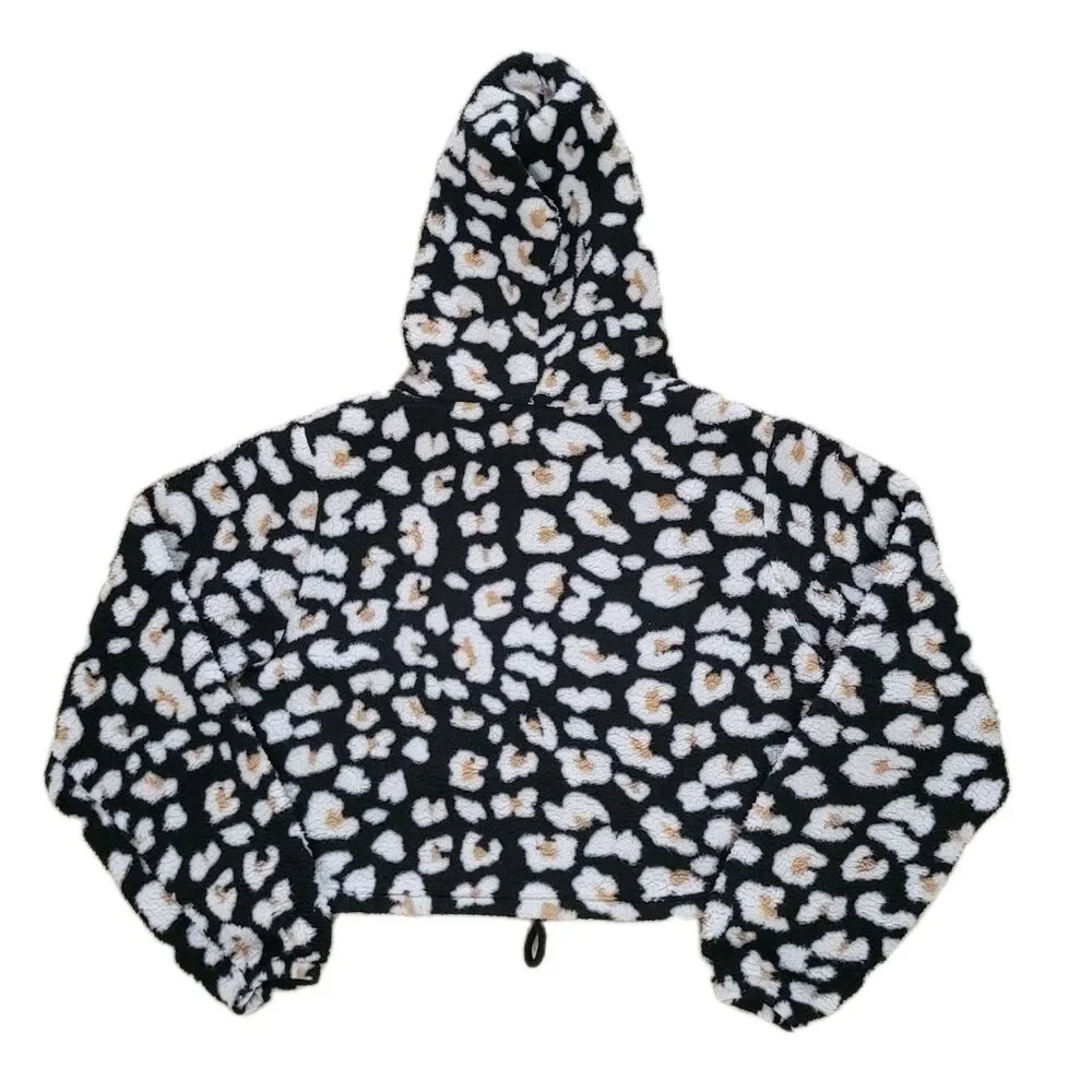 Wild Fable Cropped Hoodie Womens M Black White Animal Print Fleece Pullover - Picture 2 of 12